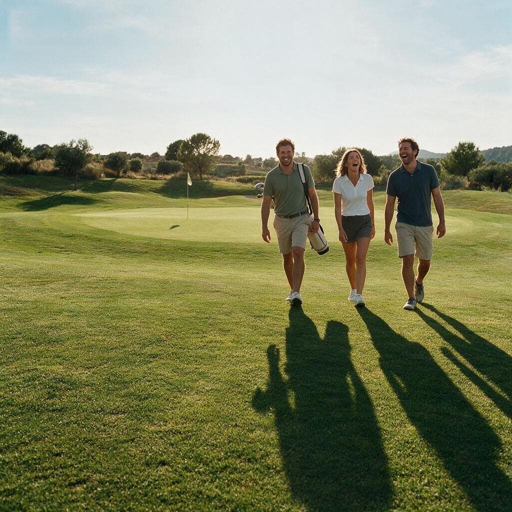Tres amigos bajan riendo una calle de pitch & putt con el sol de última hora detrás