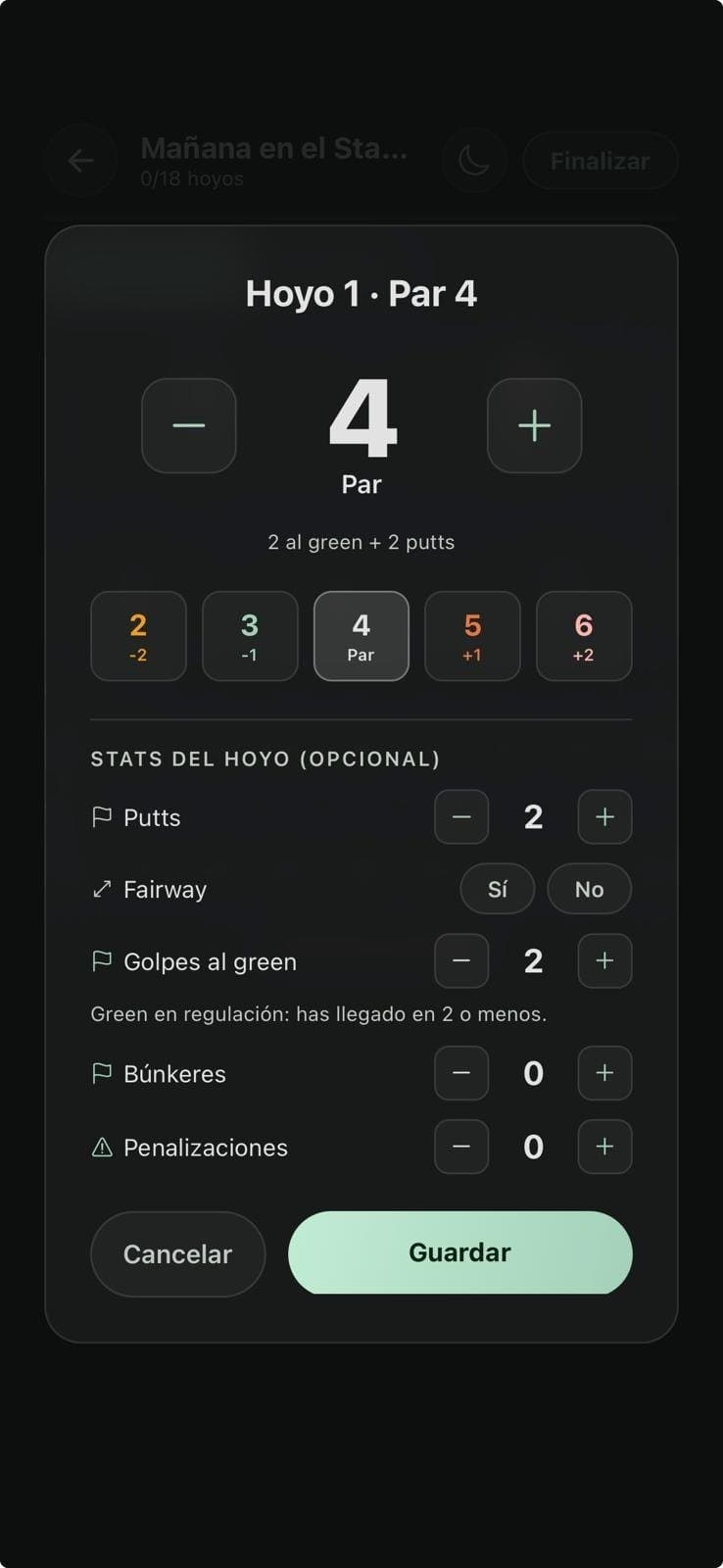 La pantalla para apuntar el hoyo 1, par 4, con las estadísticas opcionales del hoyo