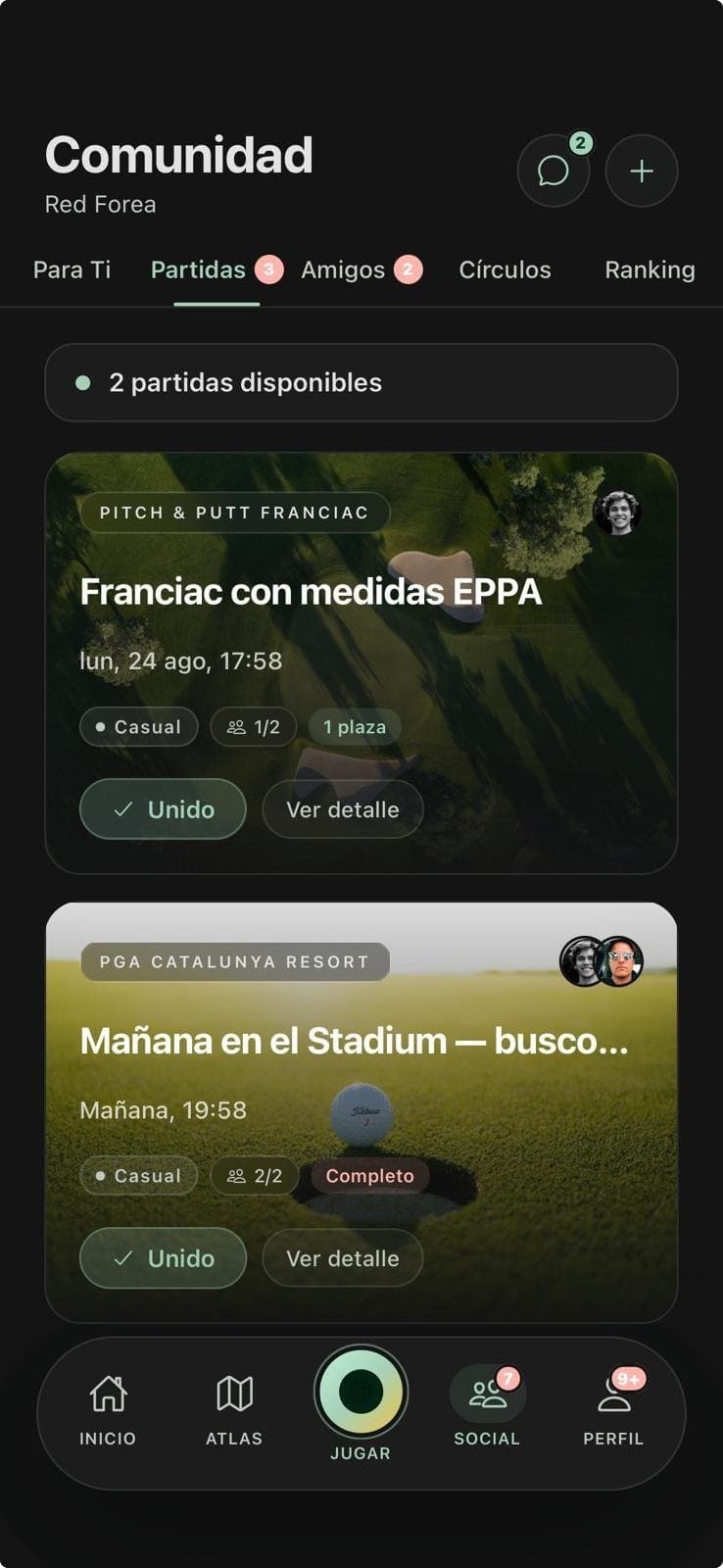 Dos partidas abiertas con foto del campo, fecha, formato y plazas