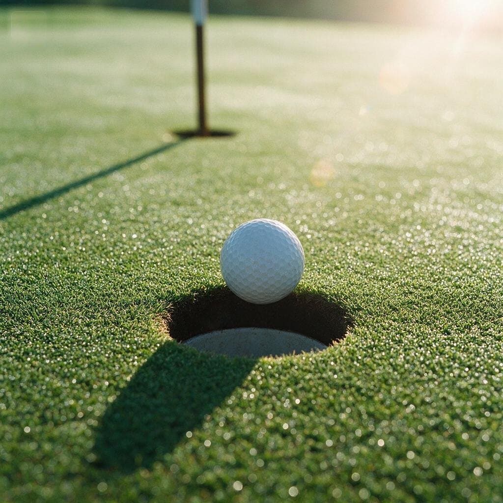 Una bola al borde del hoyo, con rocío en el green y el sol bajo